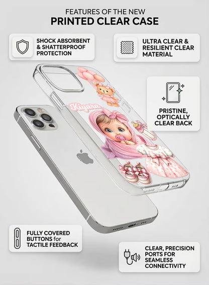 Personalized baby girl theme custom name clear silicone phone case with teddy bear and pink dress aesthetic illustration.