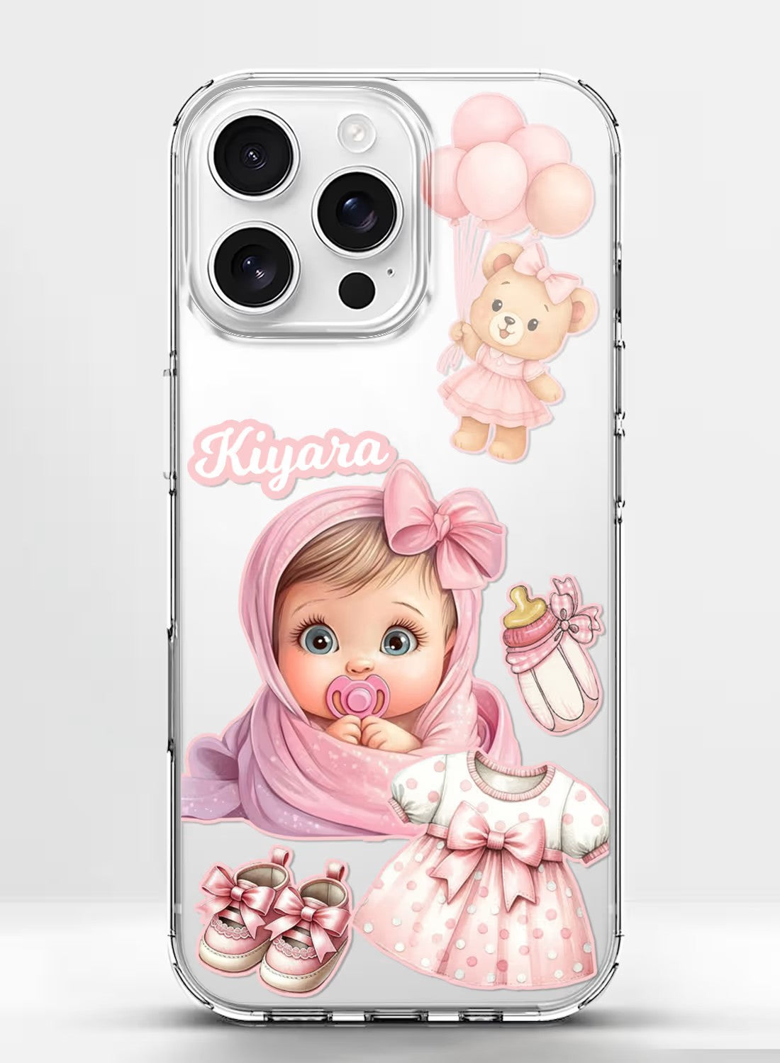 Personalized baby girl theme custom name clear silicone phone case with teddy bear and pink dress aesthetic illustration.
