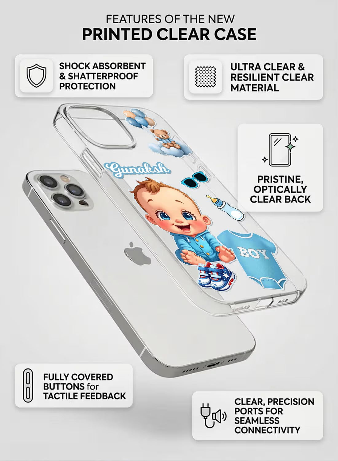 Personalized baby boy theme phone case with cute baby, teddy bear, and balloon graphics on a clear silicone cover.