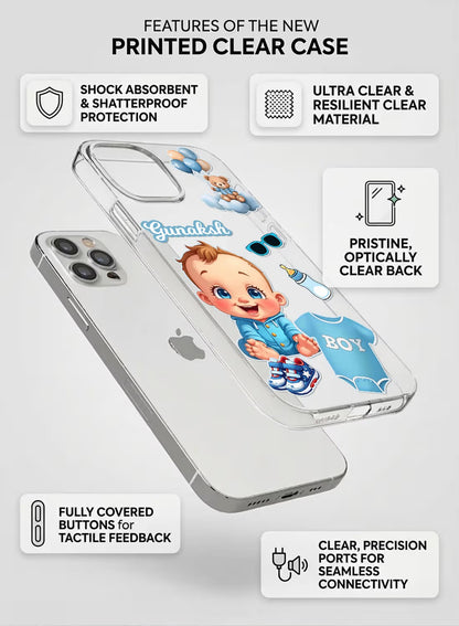 Personalized baby boy theme phone case with cute baby, teddy bear, and balloon graphics on a clear silicone cover.