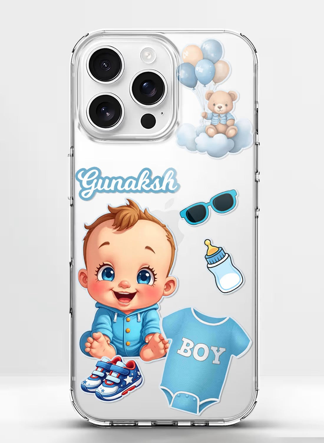 Personalized baby boy theme phone case with cute baby, teddy bear, and balloon graphics on a clear silicone cover.