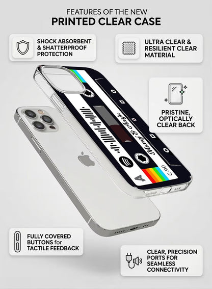 Custom vintage cassette tape theme clear silicone phone case with personalized name option for music lovers.