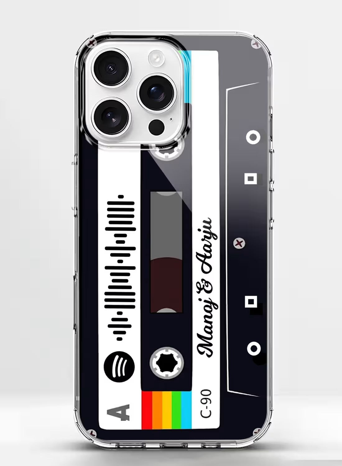 Custom vintage cassette tape theme clear silicone phone case with personalized name option for music lovers.