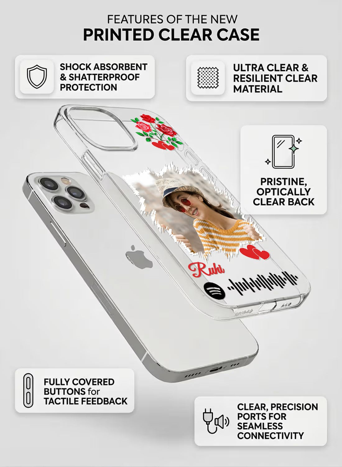 A personalized clear silicone phone case featuring a photo, rose art, hearts, and a customizable music scan code.