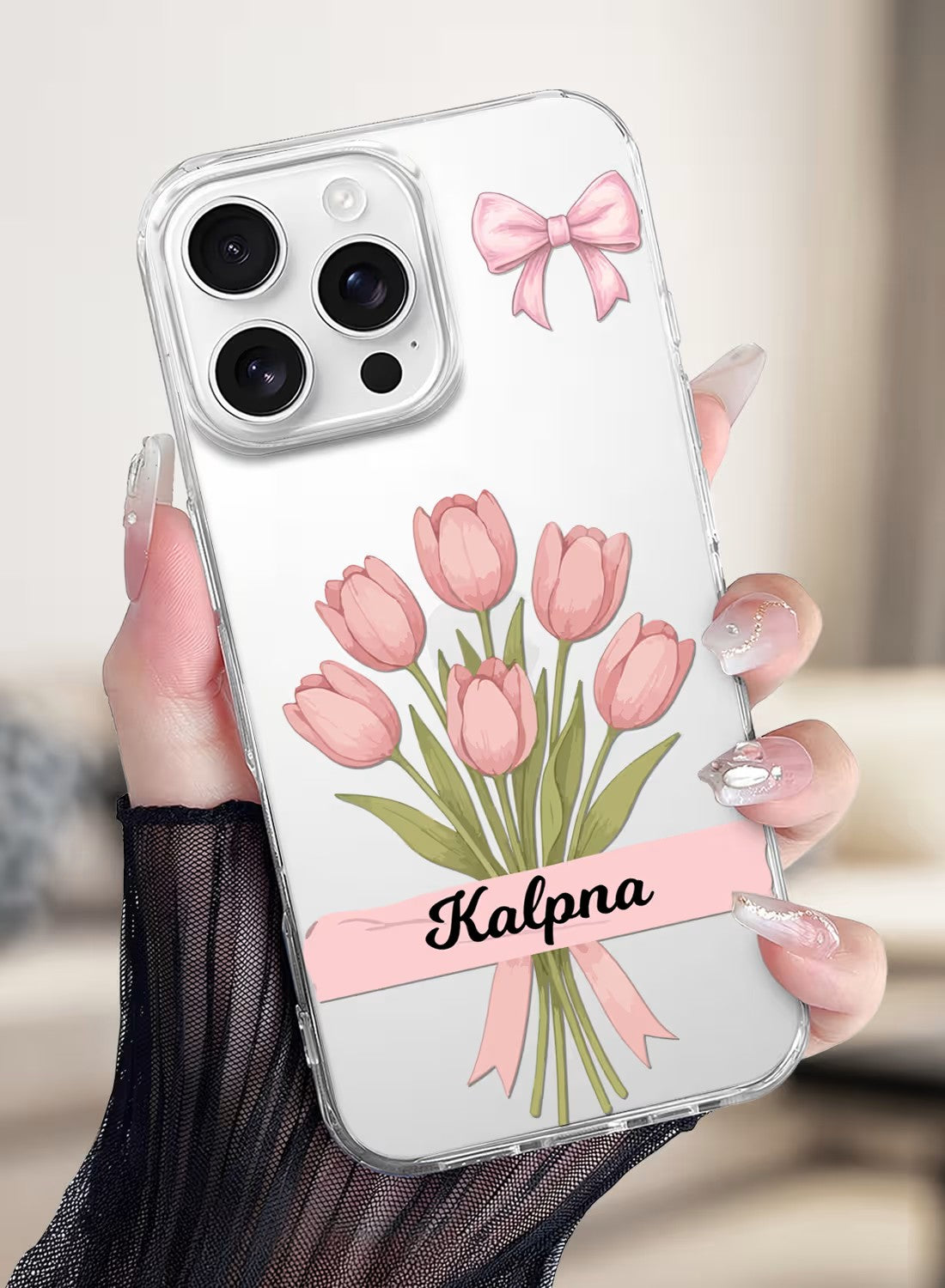 Aesthetic pink tulip flower bouquet design on a transparent silicone iPhone case with space for a custom name.