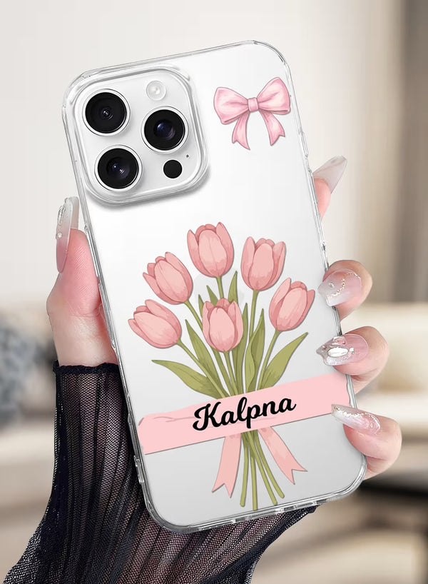 Aesthetic Pink Tulip Floral Custom Name Clear Phone Case