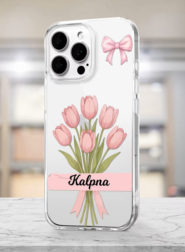 Aesthetic Pink Tulip Floral Custom Name Clear Phone Case