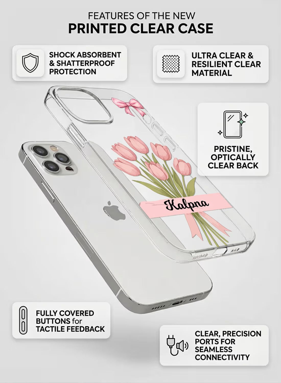 Aesthetic pink tulip flower bouquet design on a transparent silicone iPhone case with space for a custom name.