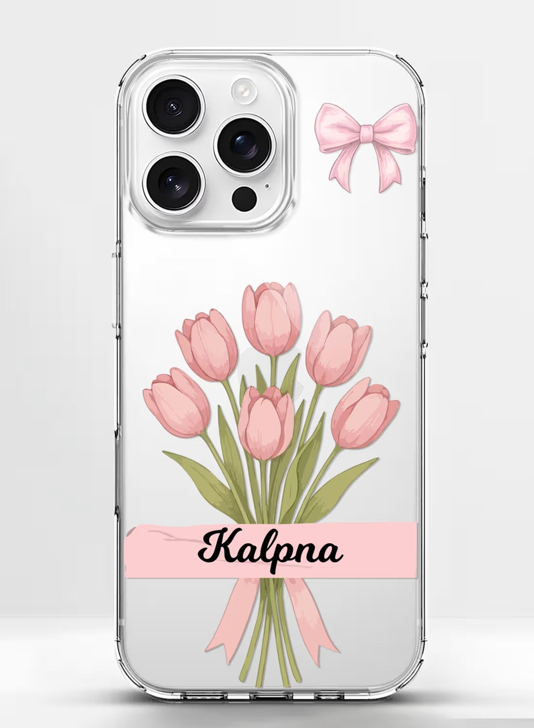 Aesthetic pink tulip flower bouquet design on a transparent silicone iPhone case with space for a custom name.