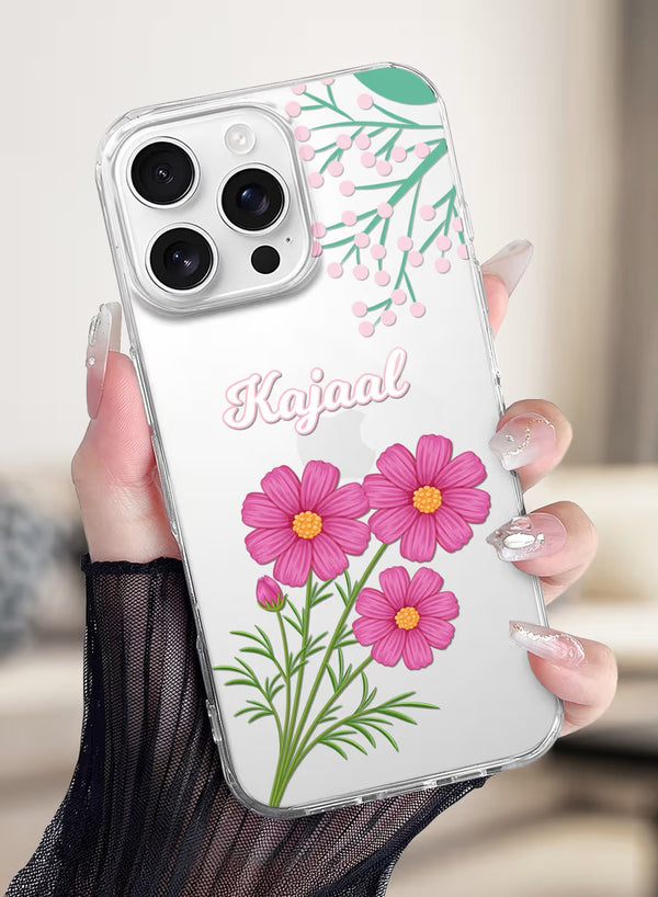Botanical Cosmos Flower Custom Name Clear Phone Case