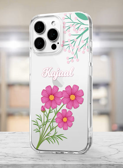 Personalized clear phone case with pink cosmos flower botanical design and custom name space for smartphone protection.