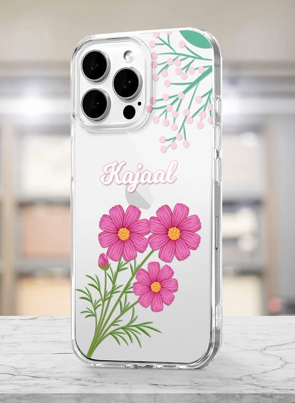 Botanical Cosmos Flower Custom Name Clear Phone Case