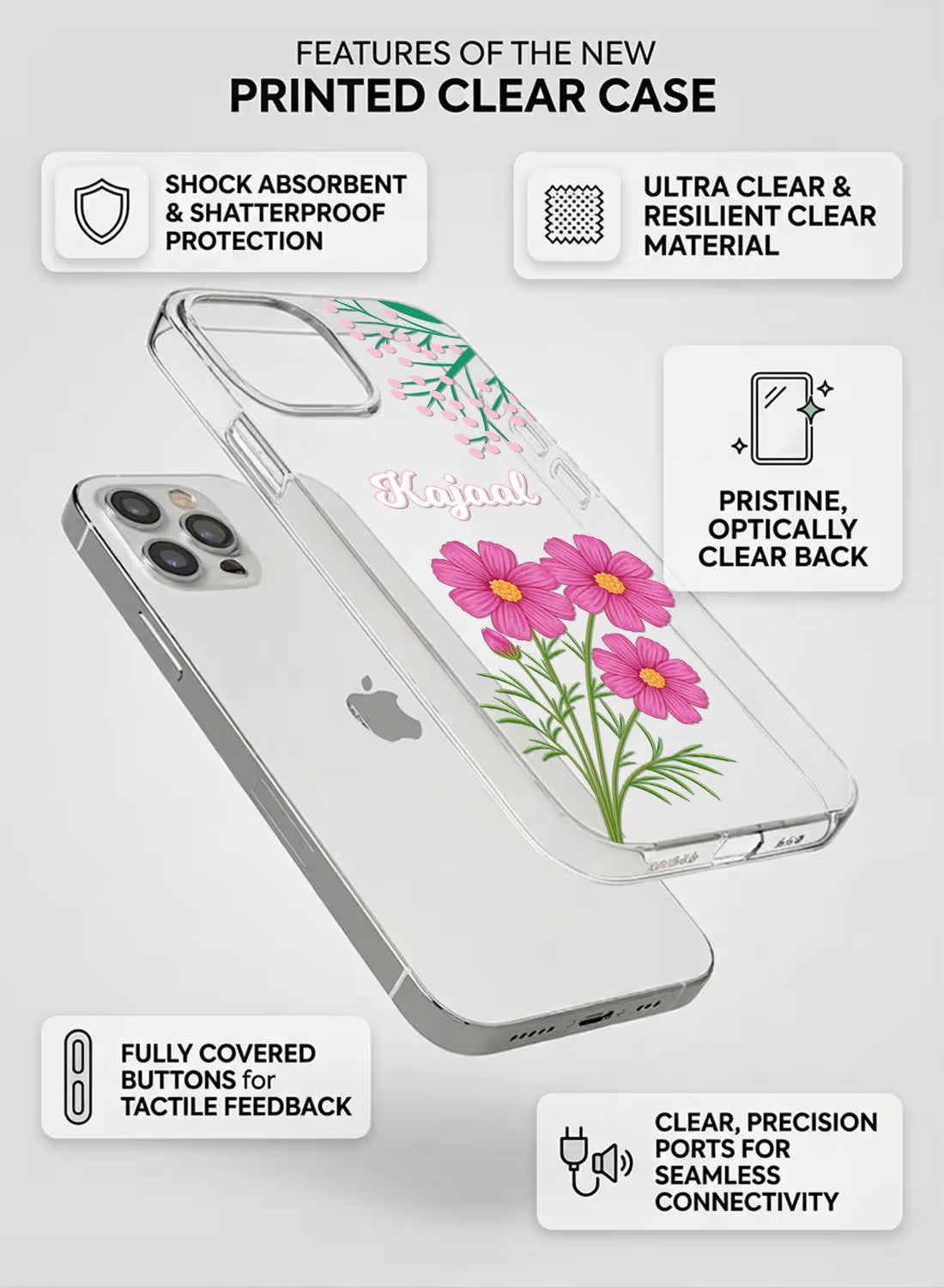 Personalized clear phone case with pink cosmos flower botanical design and custom name space for smartphone protection.