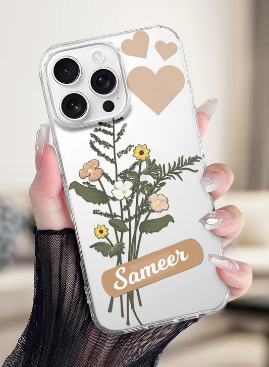 Clear phone case featuring a wildflower bouquet print and heart designs with a custom name section.