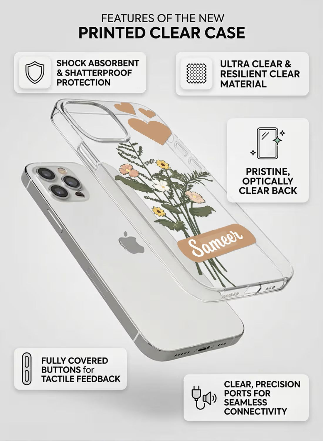 Clear phone case featuring a wildflower bouquet print and heart designs with a custom name section.