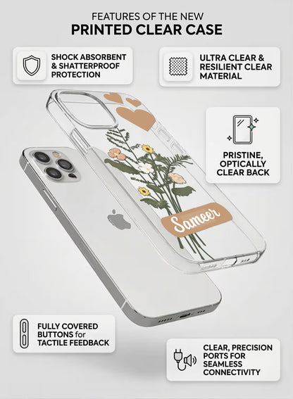 Clear phone case featuring a wildflower bouquet print and heart designs with a custom name section.