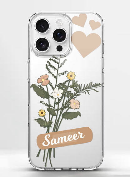 Clear phone case featuring a wildflower bouquet print and heart designs with a custom name section.
