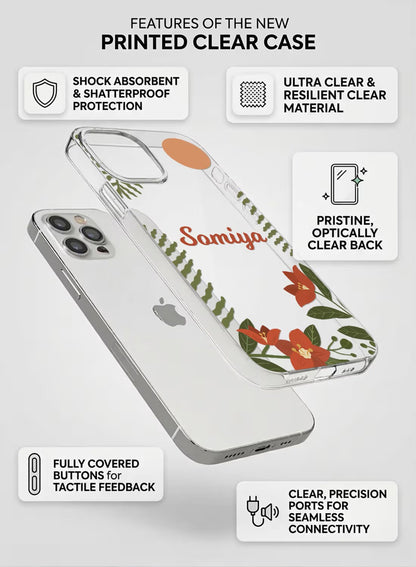 Custom name clear phone case with artistic red flowers and green botanical leaves design for aesthetic protection.