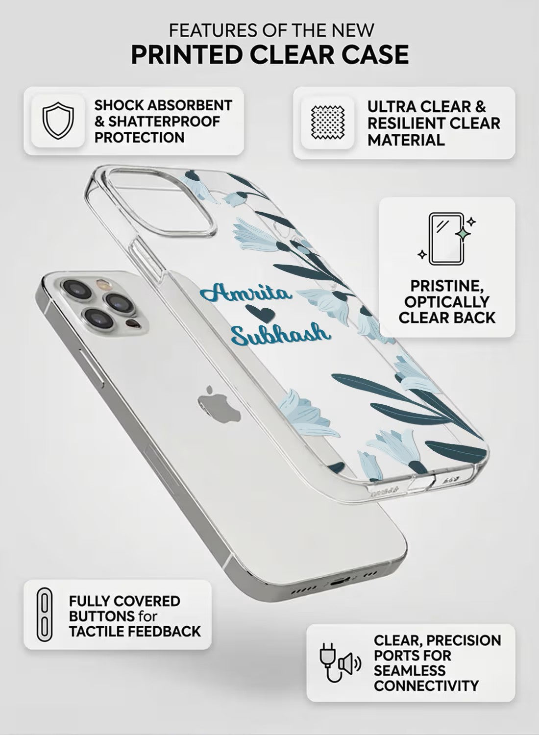 Clear phone case with blue botanical floral print and space for custom name personalization.