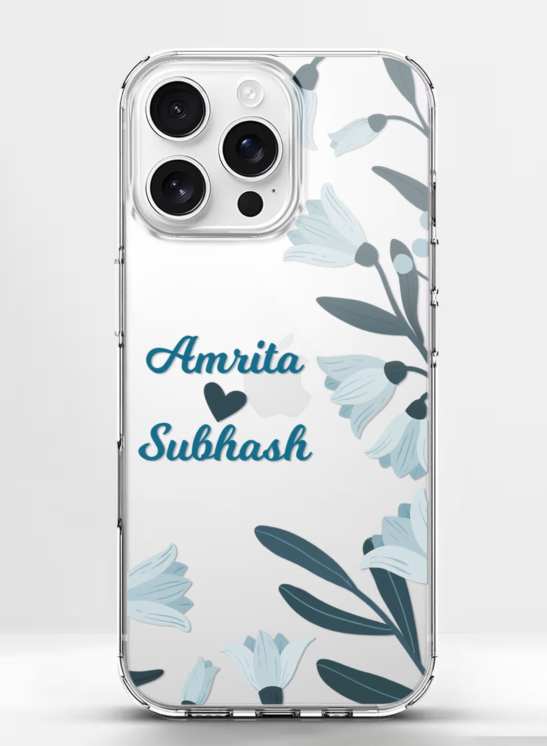 Clear phone case with blue botanical floral print and space for custom name personalization.