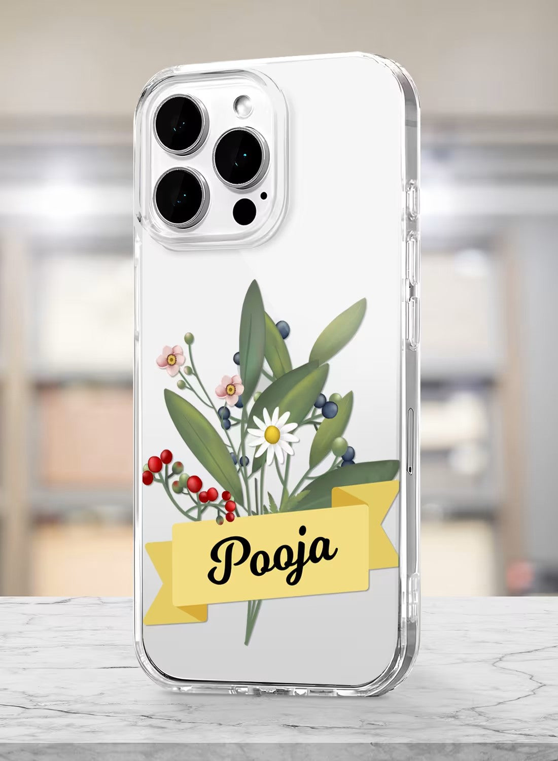 Personalized botanical wildflower bouquet clear phone case with custom name feature on white background.