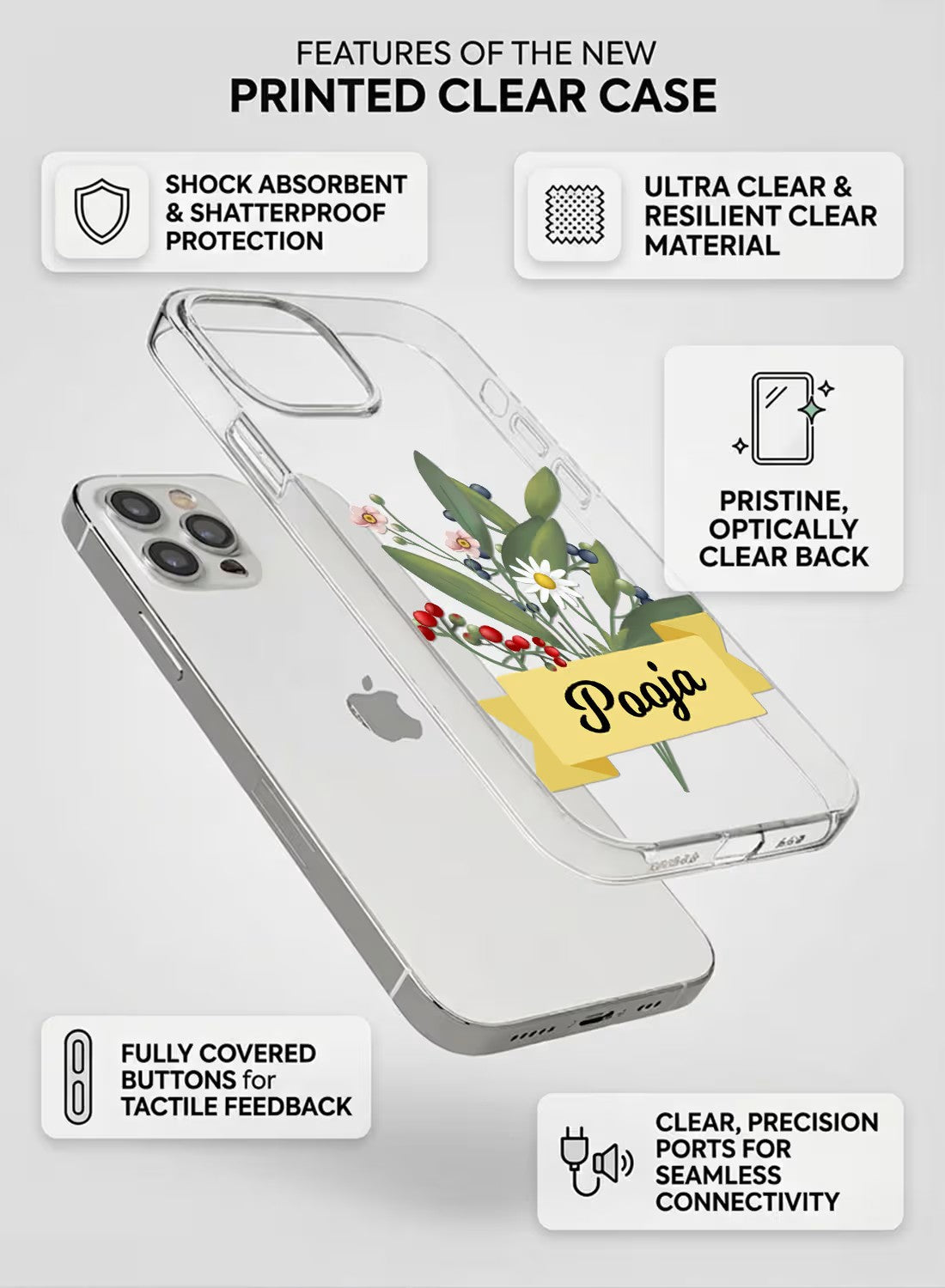 Personalized botanical wildflower bouquet clear phone case with custom name feature on white background.