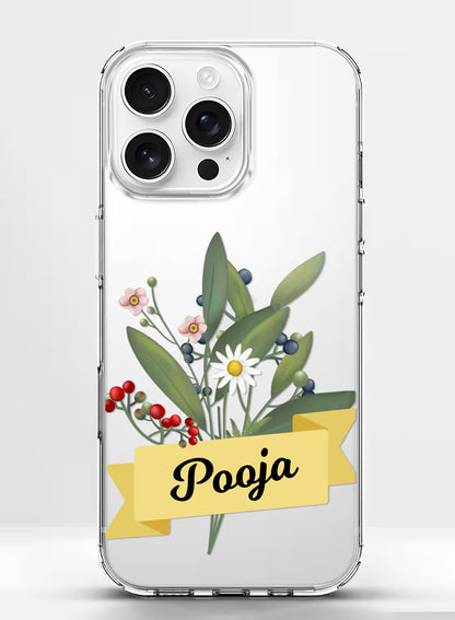 Personalized botanical wildflower bouquet clear phone case with custom name feature on white background.