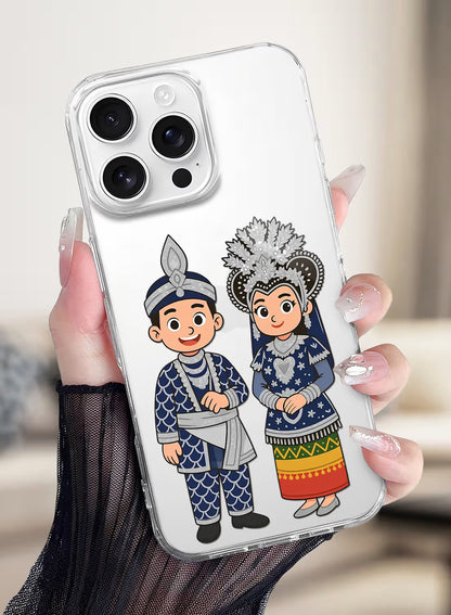 Clear phone case featuring a traditional ethnic couple in cultural wedding attire with customizable name space.