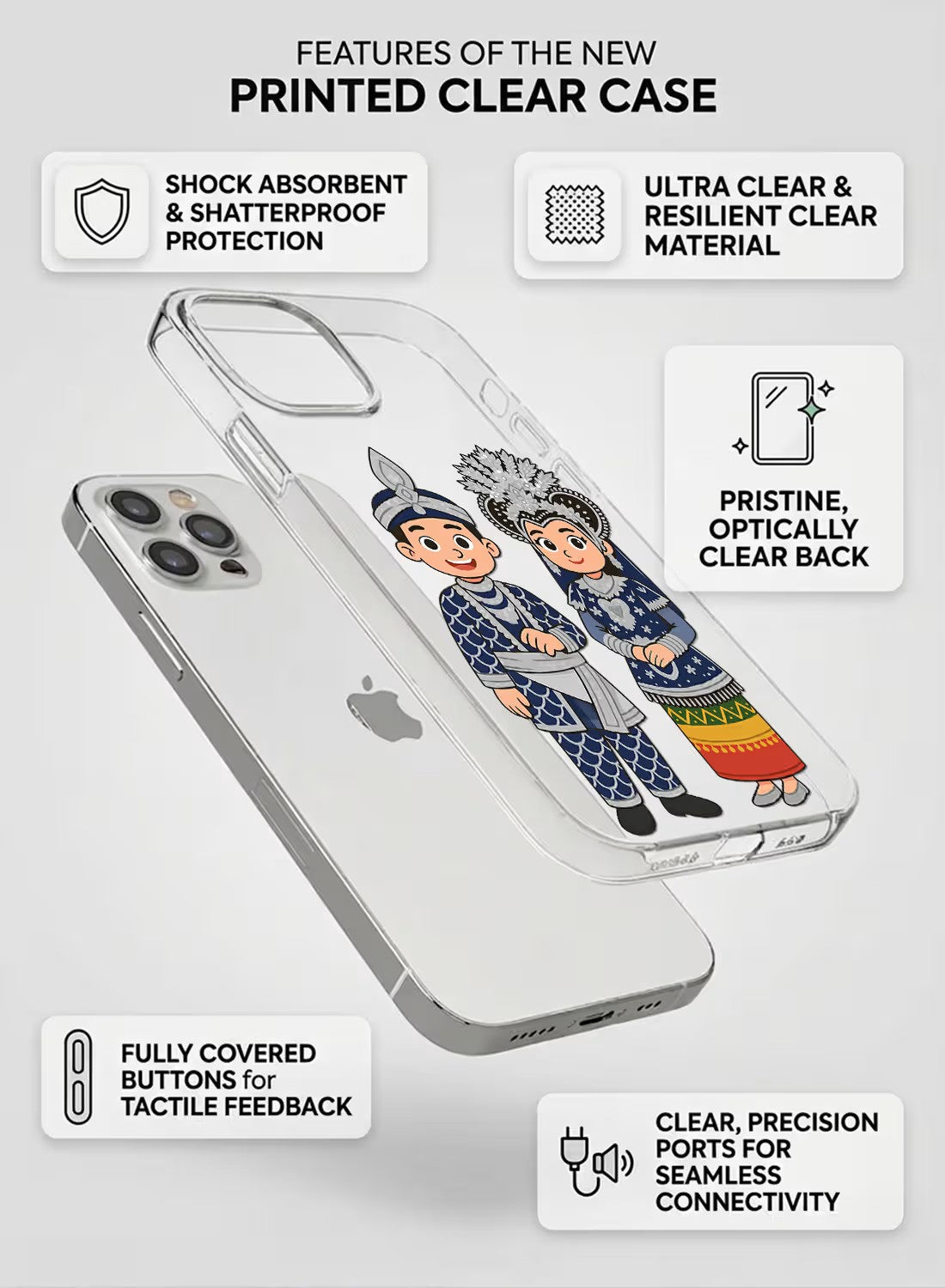 Clear phone case featuring a traditional ethnic couple in cultural wedding attire with customizable name space.