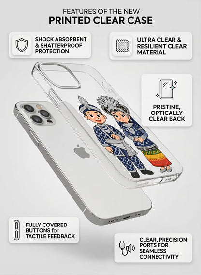Clear phone case featuring a traditional ethnic couple in cultural wedding attire with customizable name space.