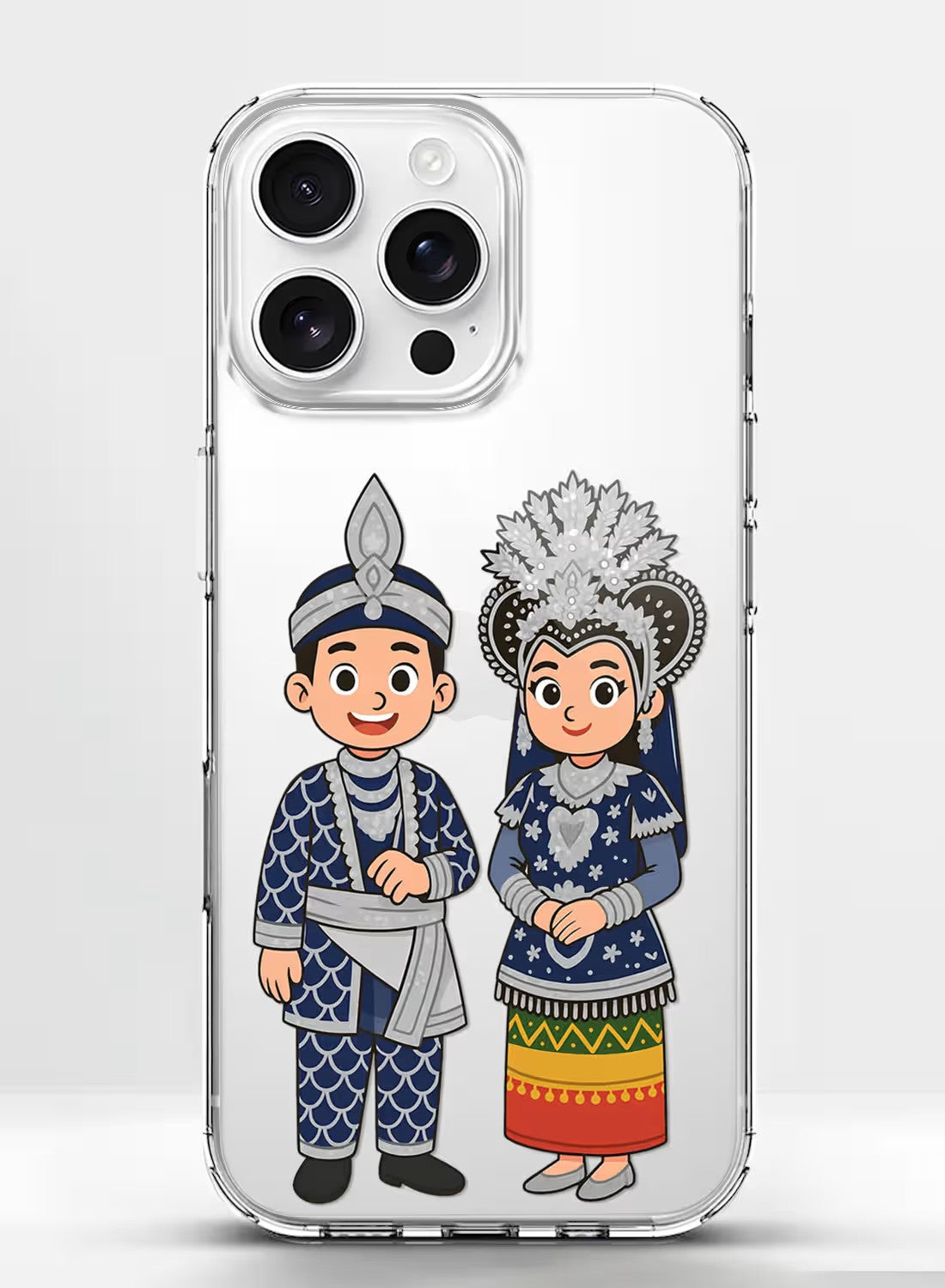 Clear phone case featuring a traditional ethnic couple in cultural wedding attire with customizable name space.