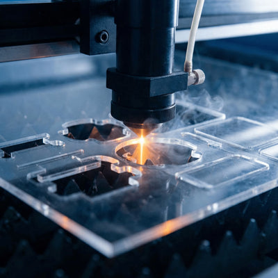 Laser cutting machine in action on a clear Acrylic sheet at Fashionury