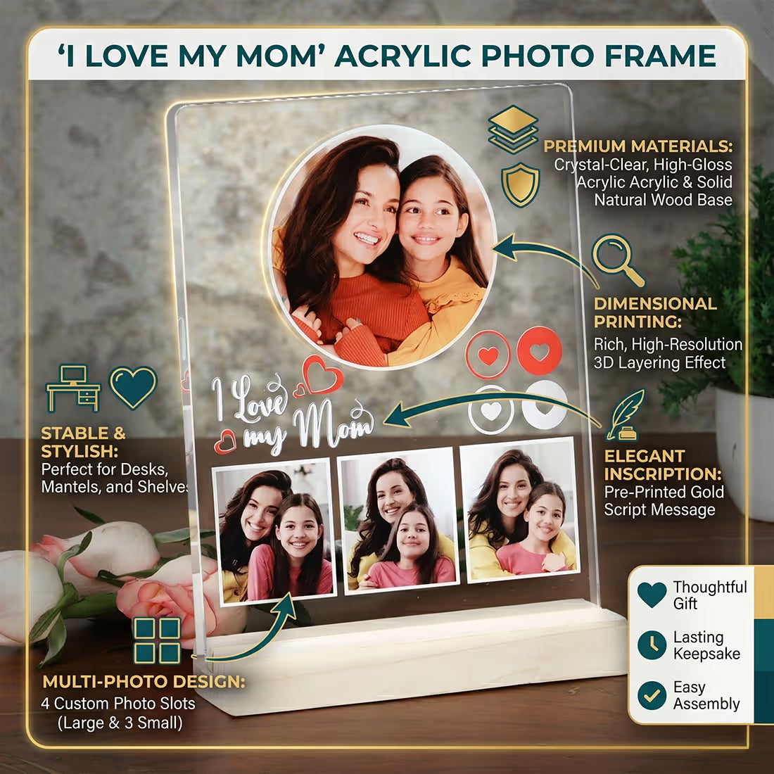 Personalised photo plaque with a mother's and daughter's photos on a wooden base.