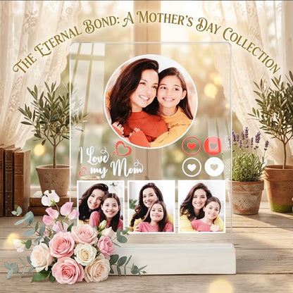Personalised photo plaque with a mother's and daughter's photos on a wooden base.