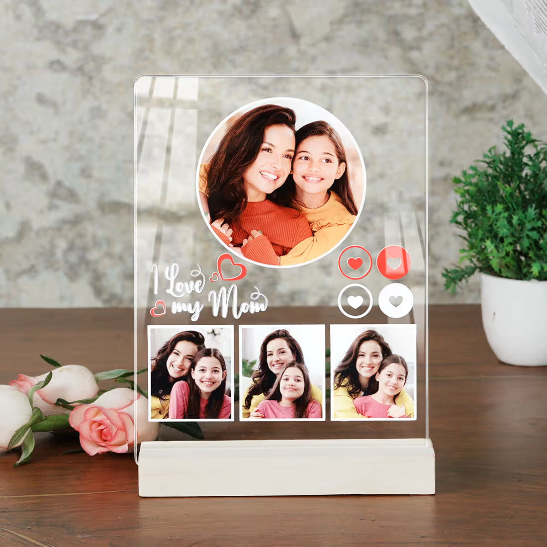Personalised photo plaque with a mother's and daughter's photos on a wooden base.