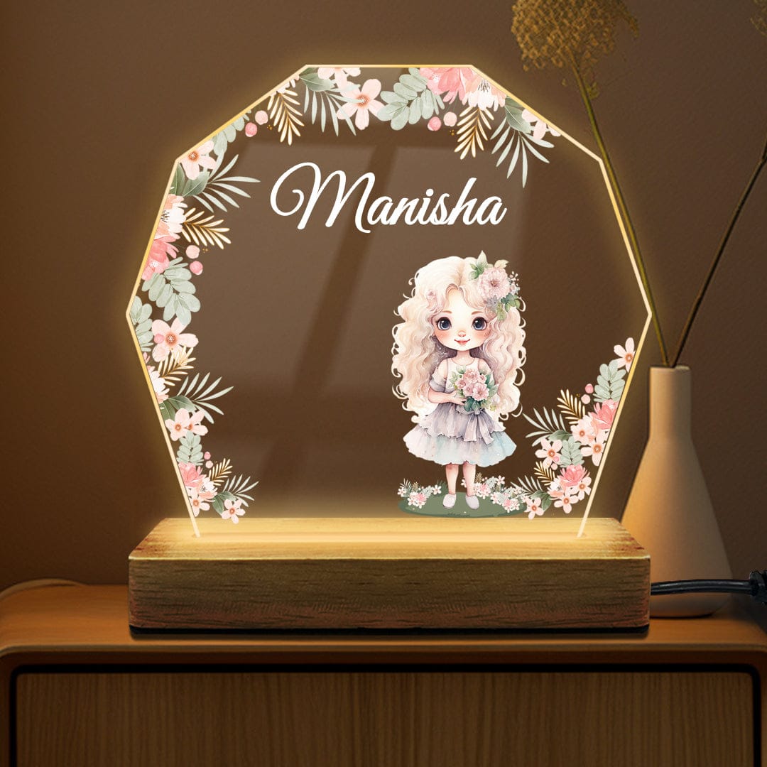 Fashionury Custom Name Personalized Name Hexa Acrylic LED  Night Lamp Cute Girly Theme and Surrounded Flowers 