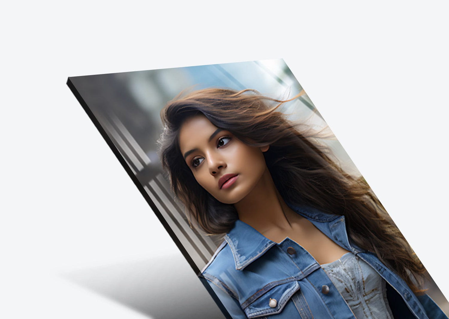 Closeup Angled view of premium acrylic photo print showing depth and glossy surface