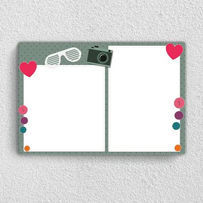 Preview of Personalised family acrylic wall frame with two photos, hearts and playful camera design for home decor