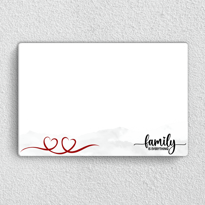 Preview of Personalised Family Is Everything landscape acrylic wall frame with family portrait, heart ribbon and elegant quote.