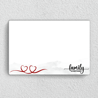 Preview of Personalised Family Is Everything landscape acrylic wall frame with family portrait, heart ribbon and elegant quote.