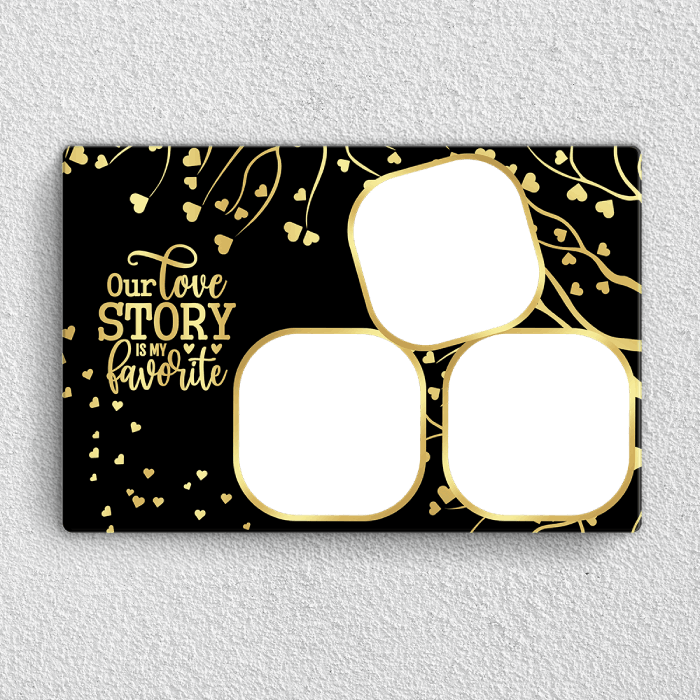 Preview of Our Love Story acrylic wall frame with three photo collage and gold heart design