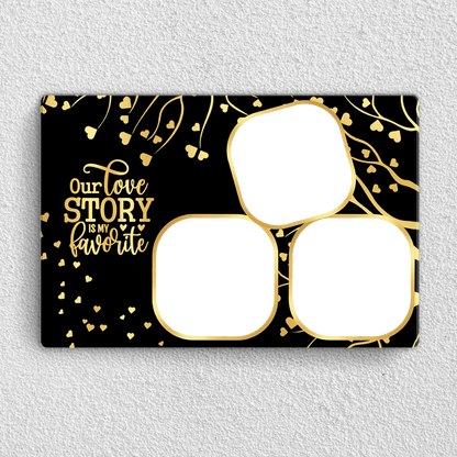 Preview of Our Love Story acrylic wall frame with three photo collage and gold heart design
