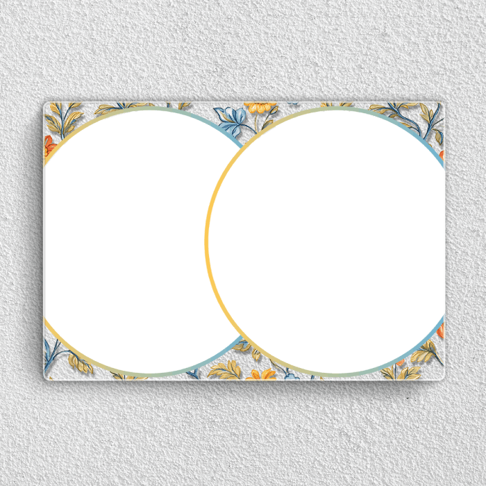 Preview of Personalised couple acrylic wall frame with two circular wedding portraits and royal floral border design
