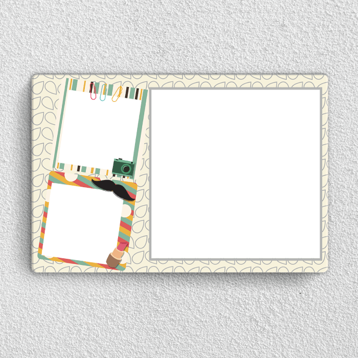 Preview of a personalised family acrylic wall frame with three-photo collage, a moustache and playful camera design for home decor