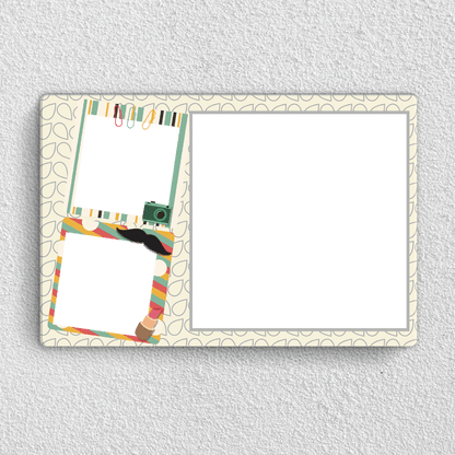 Preview of a personalised family acrylic wall frame with three-photo collage, a moustache and playful camera design for home decor