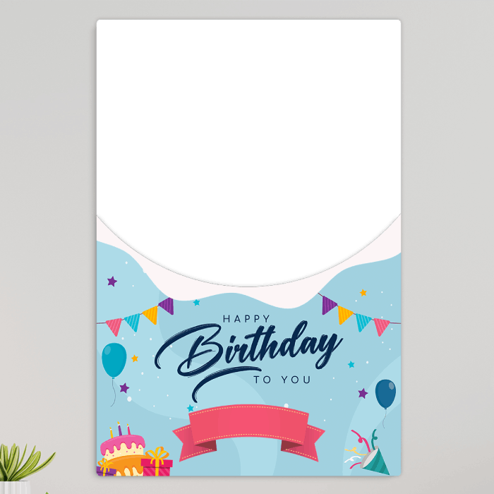 Preveiw of Personalised Happy Birthday acrylic wall frame with portrait photo, name banner and festive balloons design
