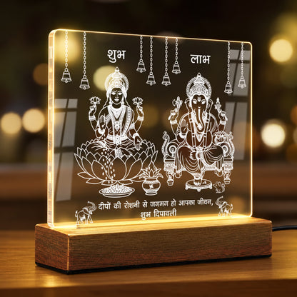 Shubh Labh Lakshmi Ganesh laser engraved acrylic LED table lamp with warm glow wooden stand – Fashionury