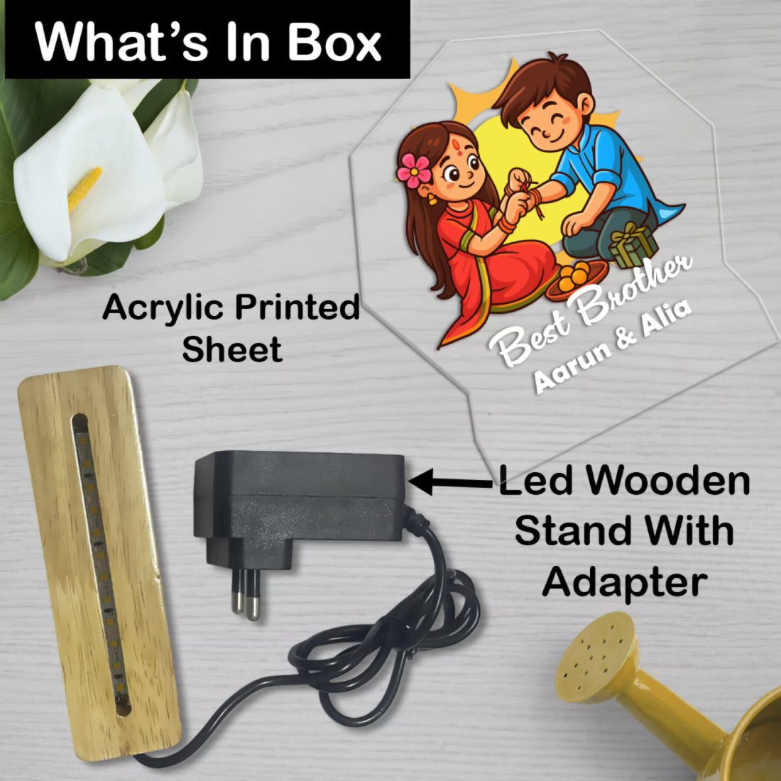 Personalized Best Brother acrylic LED lamp with custom name and rakhi tying design on wooden base – Fashionury
