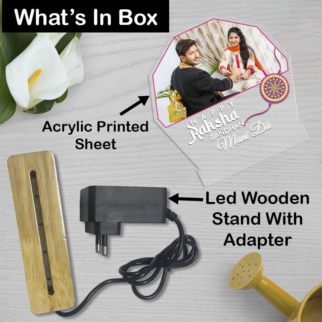 Personalized Raksha Bandhan acrylic LED lamp with custom photo and name, rakhi design and wooden base – Fashionury