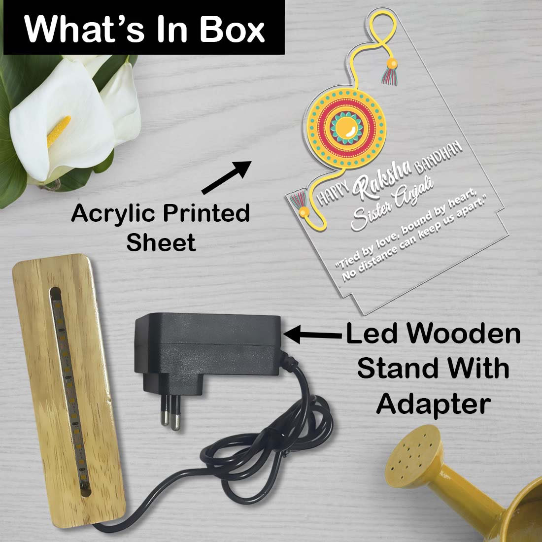 Personalized Raksha Bandhan acrylic LED lamp with custom name, rakhi design and love quote on wooden base – Fashionury